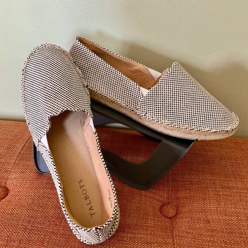 Talbots Black White Woven Espadrille Flats Shoes Sz 9M Slip On Jute Gingham NWOT